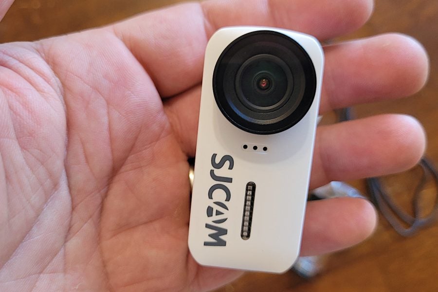The tiny SJCAM C110+ is made to record in the vertical-mount position.  Photo: Zac Kurylyk